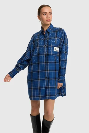 alix-the-label-studded-check-blouse-dress-dark-blue